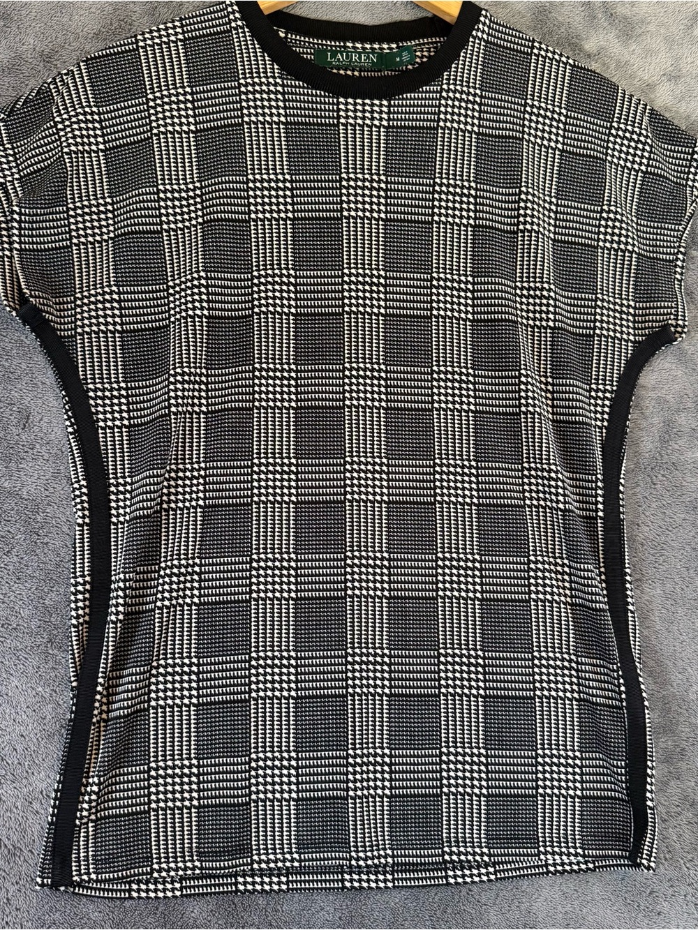 Lauren Ralph Lauren Womens Black White Glen Plaid Cap Sleeve Knit Top Medium